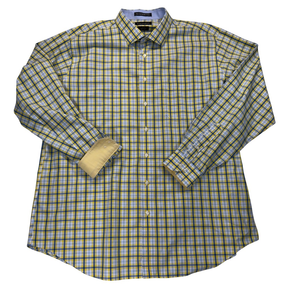 Paul Fredrick Dress Shirt Mens 18-37 Tailored Fit Non-Iron Yellow Blue Plaid - Picture 2 of 7